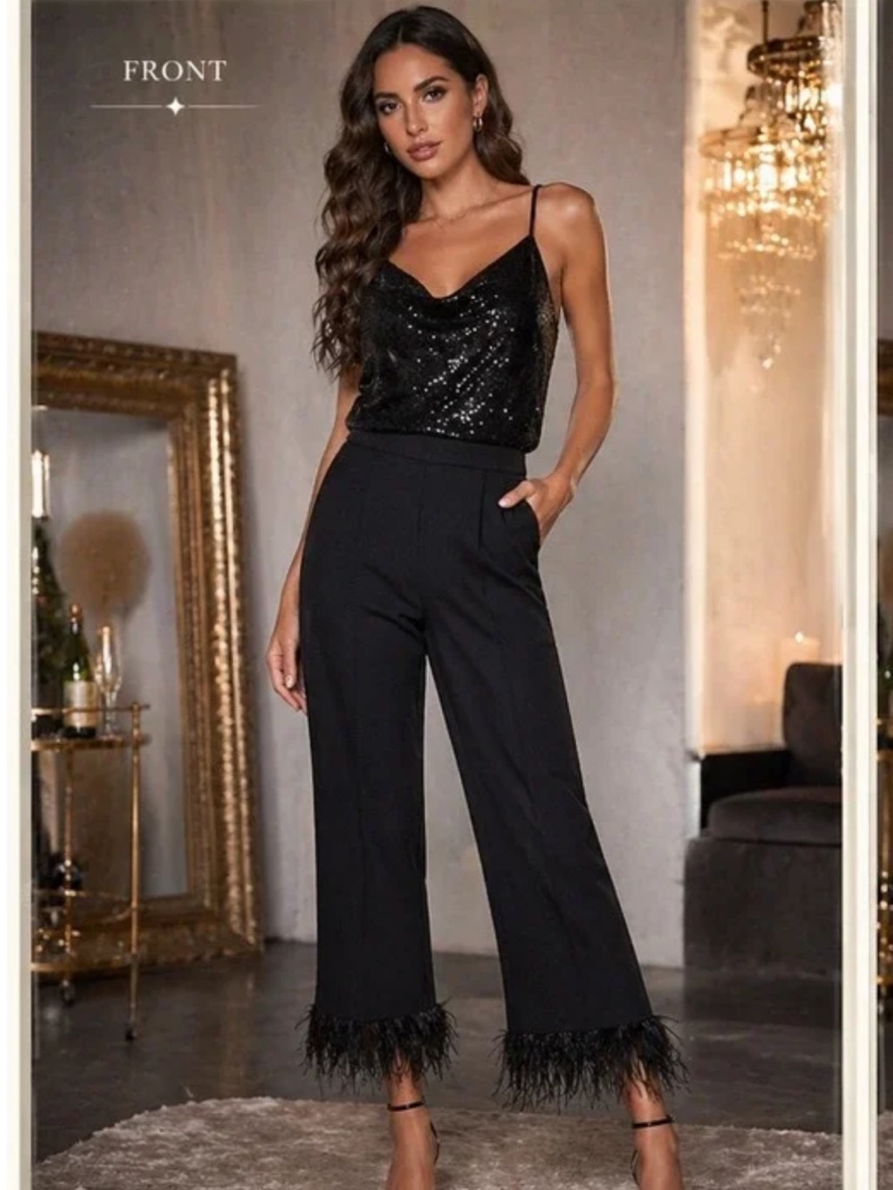 Black Feather-Hem Women’s Dress Pants